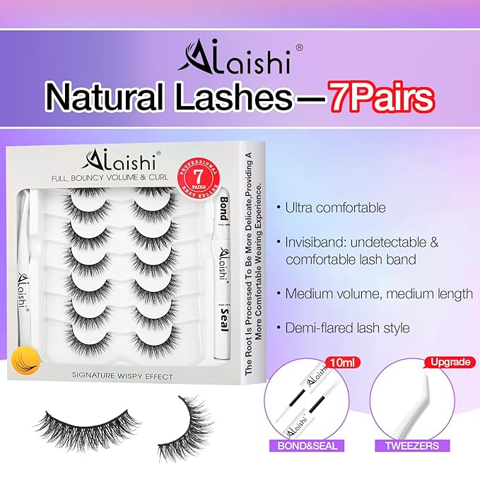 Wispy False Eyelashes Kit With Bond, Seal and Tweezer, 7 Pairs Natural Look Fake Cat Eye Lashes Strips Thin Band Extensions Waterproof Easy Eyelashes for Beginners RQ01-GlimoraGlow