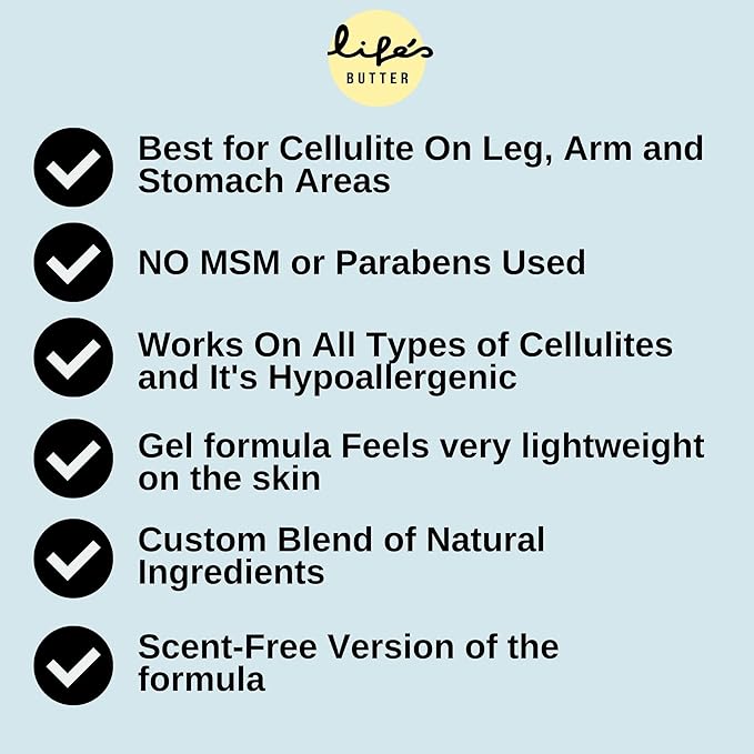 Life's Butter Anti-Cellulite Cream with L-Carnitine, Coenzyme Q10 | Skin Smoothening Natural Product | Fights Cellulite and Stretch Marks | 6 fl oz (Scent-Free) + Dry Brush-GlimoraGlow