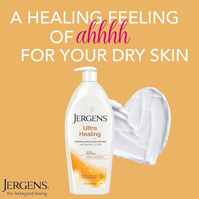 Jergens Ultra Healing Dry Skin Lotion, Hand and Body Moisturizer for Quick Absorption into Extra Dry Skin with Hydralucence Blend, Vitamins C, E and B5, White, 32oz-GlimoraGlow