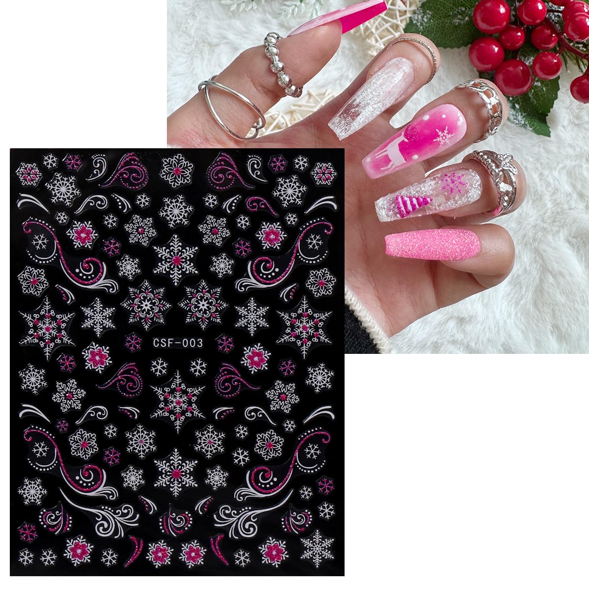 JMEOWIO 9 Sheets Christmas Pink Glitter Nail Art Stickers Decals Self-Adhesive Snowflake Winter Holiday Nail Supplies Nail Art Design Decoration Accessories-GlimoraGlow