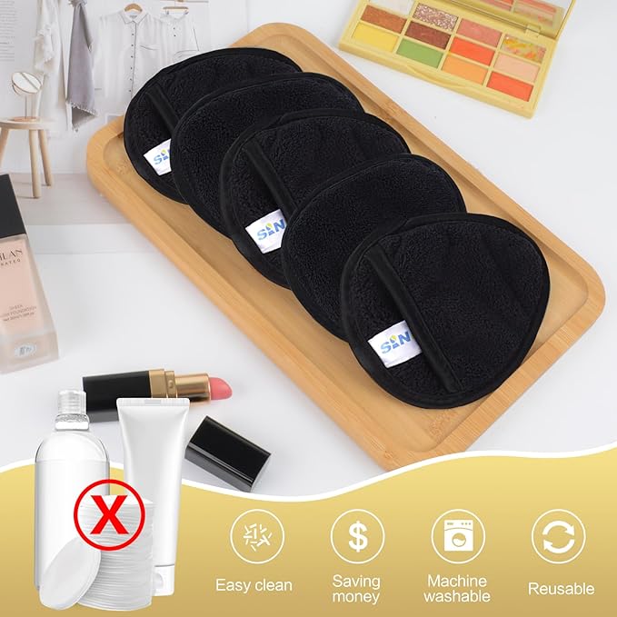 SINLAND Reusable Makeup Remover Pads For Face,Eye,Lips Microfiber Gentle Facial Cleansing Cloths for All Skin Types Friendly for Makeup Remover With Laundry Bag Black Pack of 12-GlimoraGlow