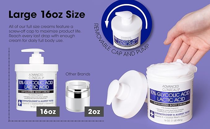 Advanced Clinicals 10% Glycolic Acid + Lactic Acid Lotion Exfoliant Moisturizing Cream With Hyaluronic Acid Moisturizer | AHA Exfoliating Body Cream Improves Look Of Uneven Rough Skin Texture, 2-Pack-GlimoraGlow