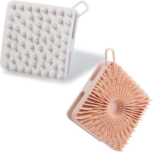 2 PC Silicone Exfoliating Body Scrubber, Silicone Body Shampoo Brush, Soft Silicone Loofah for Sensitive Skin, Shower Silicone Hair Scalp Massager, Easy to Clean, Lather Well(Gray&Pink)-GlimoraGlow