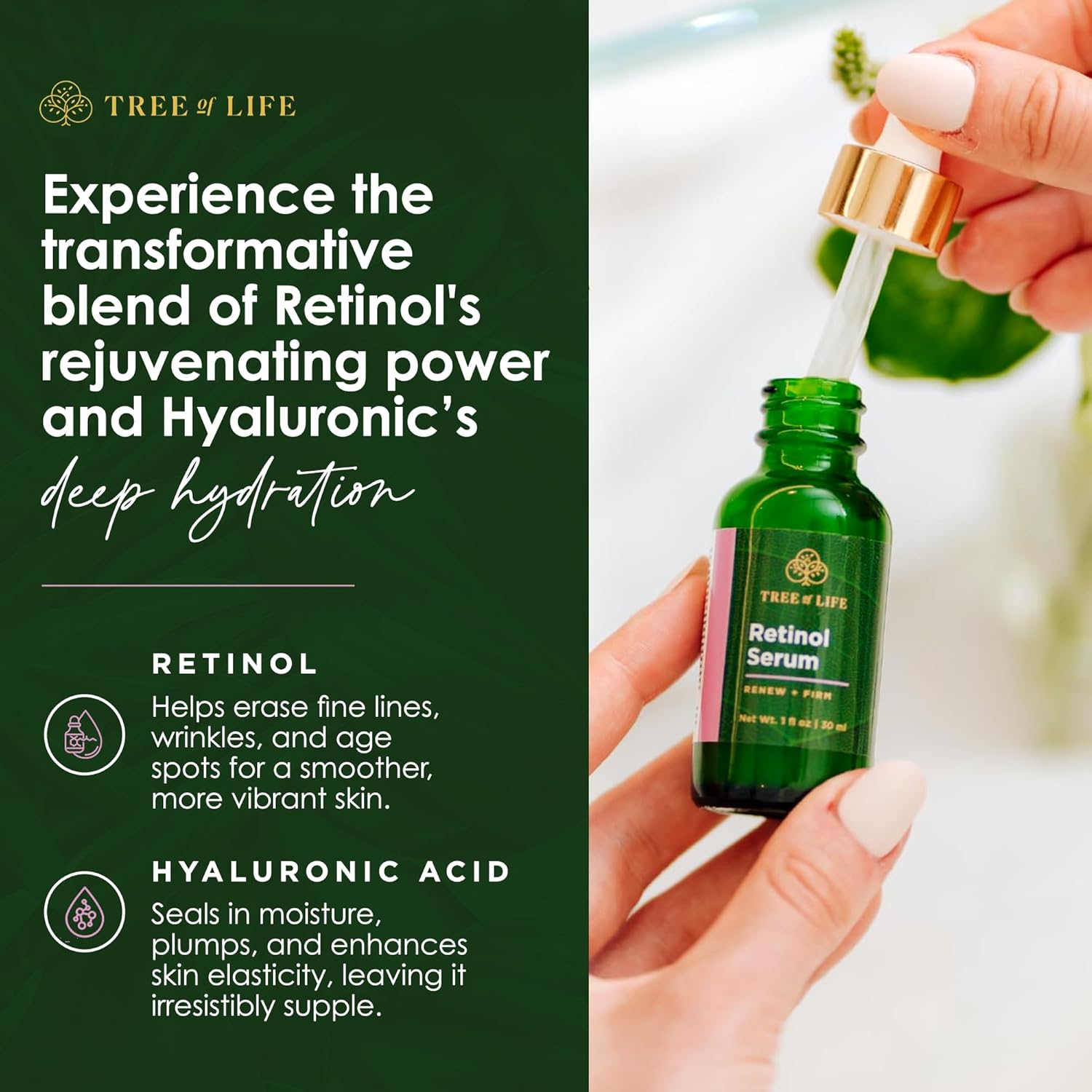 Tree of Life Beauty Retinol Serum, Skin Smoothing Face Oil for Dark and Age Spots and Fine Lines, Facial Serums for Dry and Sensitive Skin Care with Hyaluronic Acid for Soft Smooth Skin, 2 Fl Oz-GlimoraGlow