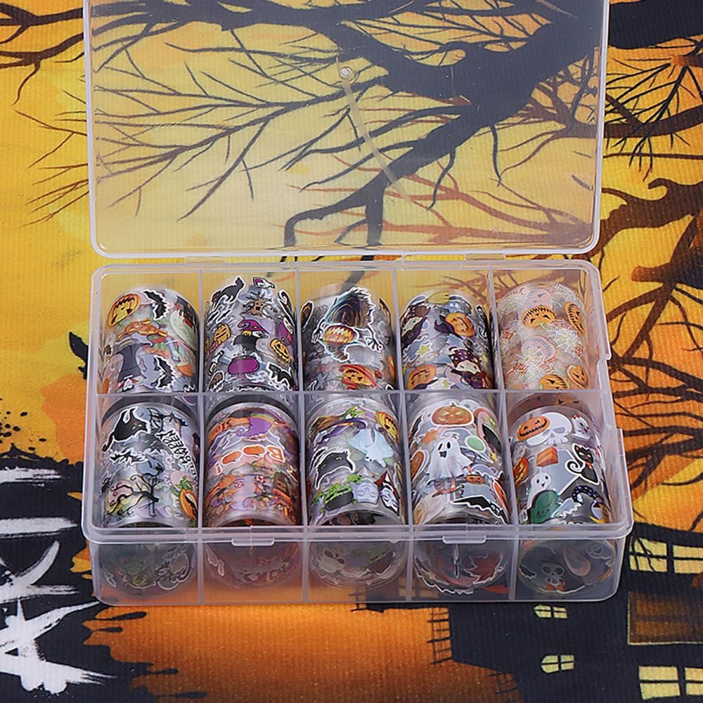 10 Rolls Halloween Nail Foil Transfer Stickers Decals, Kawaii Halloween Nail Polish Sheets Sky Starry Paper Transfer Foils Cartoon Pumpkin Skeleton Glue Women Manicure Nail Film Decorations-GlimoraGlow