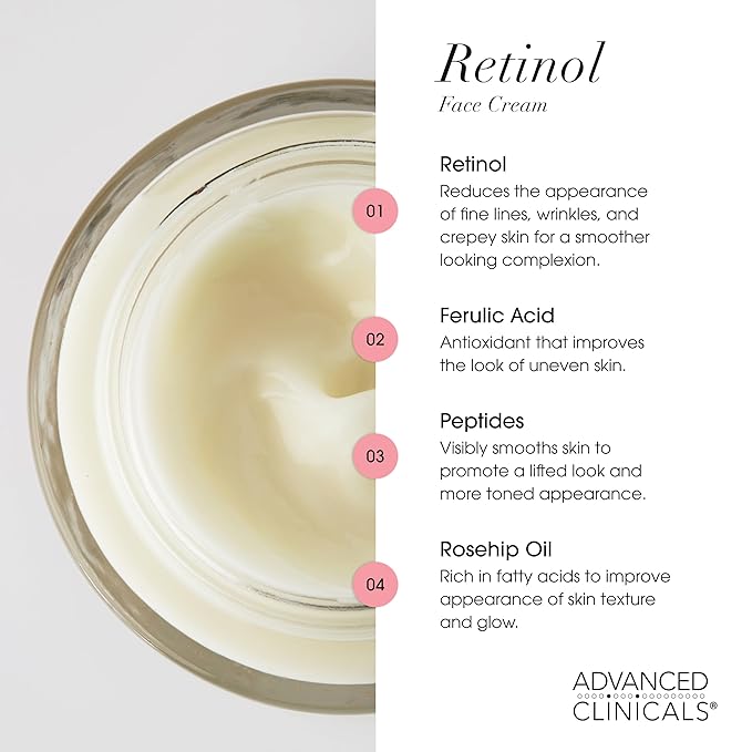 Advanced Clinicals Retinol Cream Face Moisturizer | Encapsulated Retinol Lotion For Face With Ferulic Acid + Vitamin E To Soften Appearance Of Crepey Skin & Look of Fine Lines & Wrinkles, 2.5 Fl Oz-GlimoraGlow