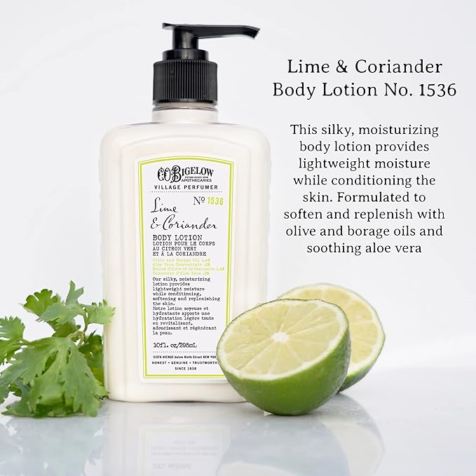 C.O. Bigelow Lime Coriander Body Lotion, Village Perfumer Moisturizing Body Lotion with Aloe Vera, Borage Oil & Olive Oil, 10 Fl Oz-GlimoraGlow
