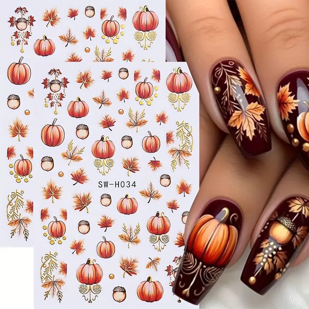 2 Sheets Fall Nail Stickers Autumn Maple Leaf Nail Art Stickers 3D Self Adhesive Maple Leaves Nails Decals for Nails Art Thanksgiving Day Nail Decoration Pumpkin Cute Manicure Supplies for Women-GlimoraGlow