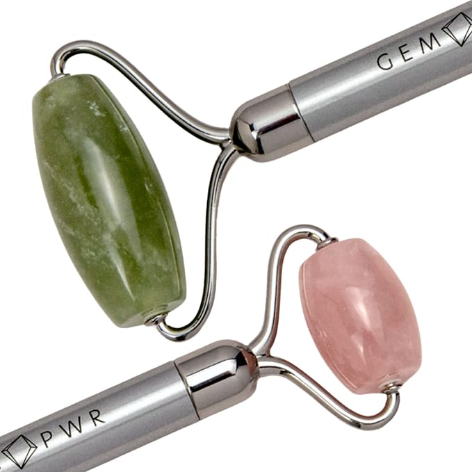 Rose Quartz + Jade Roller for Face and Neck Massage, Dual Gemstones with Durable Steel Handle and Travel Bag. Minimize Wrinkles, Reduce Puffiness and Restore Skin's Elasticity and Radiance-GlimoraGlow