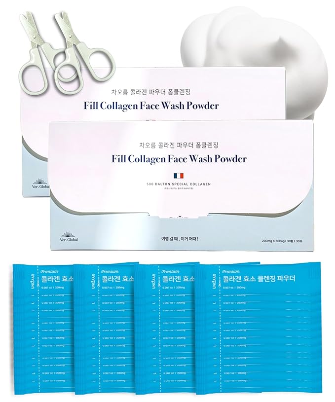 UNIZAAR Fill Collagen Enzyme Powder Face Wash Set of 2 – (0.007 oz * 60EA) Luxurious French Collagen & Urea Infused Korean Cleanser, Travel Face Wash, Travel Size Face Wash for Women, Korean Skin Care-GlimoraGlow