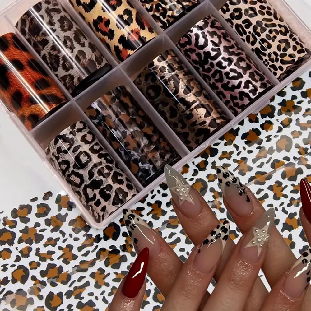 10 Rolls Leopard Print Nail Art Foils Transfer Stickers Animal Print Adhesive Decals Snake Cheetah Print Nail Foils Holographic Stickers Fall Nail Art Supplies for Women Autumn Nail Decorations-GlimoraGlow