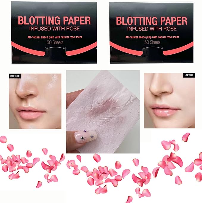 2 Pks ROSE INFUSED Natural Abaca Blotting Paper - 100 Oil Blotting Sheets - Makeup Friendly UNISEX All Skin Types Oily Skin Shine Blotter Photography Zoom Meetings Travel Gym School - MADE IN TAIWAN-GlimoraGlow
