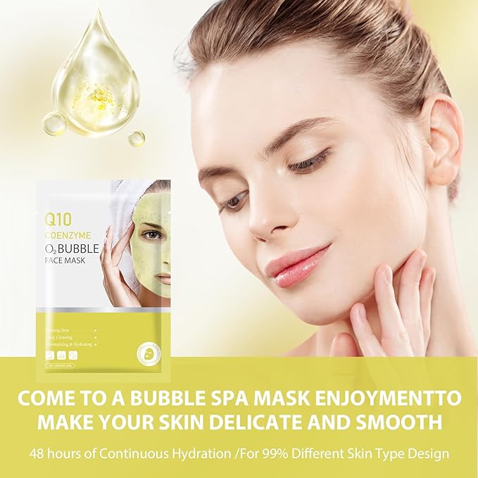 10 Sheets Coenzyme Q10 O2 Bubble Masks for Face, Bubble Face Mask Skincare for All Skin Types, Deep Cleansing Moisturizing Facial Mask Skin Care for Pores, Firming, Purifying, Sheet Masks for Spa-GlimoraGlow