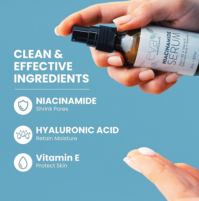 Eva Naturals Niacinamide 5% Serum for Face – B3 Pore Minimizer, Acne Treatment & Dark Spot Corrector with Hyaluronic Acid, Vitamin E, Aloe & Neem – Anti-Aging, Non-Greasy, Hydrating, 2oz-GlimoraGlow
