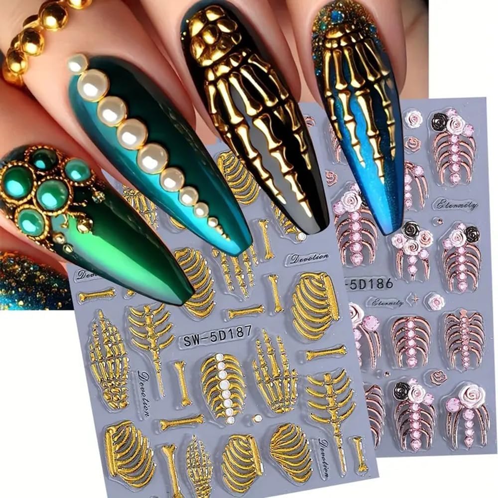 2 Sheets 5D Embossed Skull & Bone Nail Decals for Nail Art Self-Adhesive Halloween Nail Stickers Pink Hand Bone Rose Flower Nail Art Stickers Scary Gold Bones Design Decals for Women Nail Accessories-GlimoraGlow