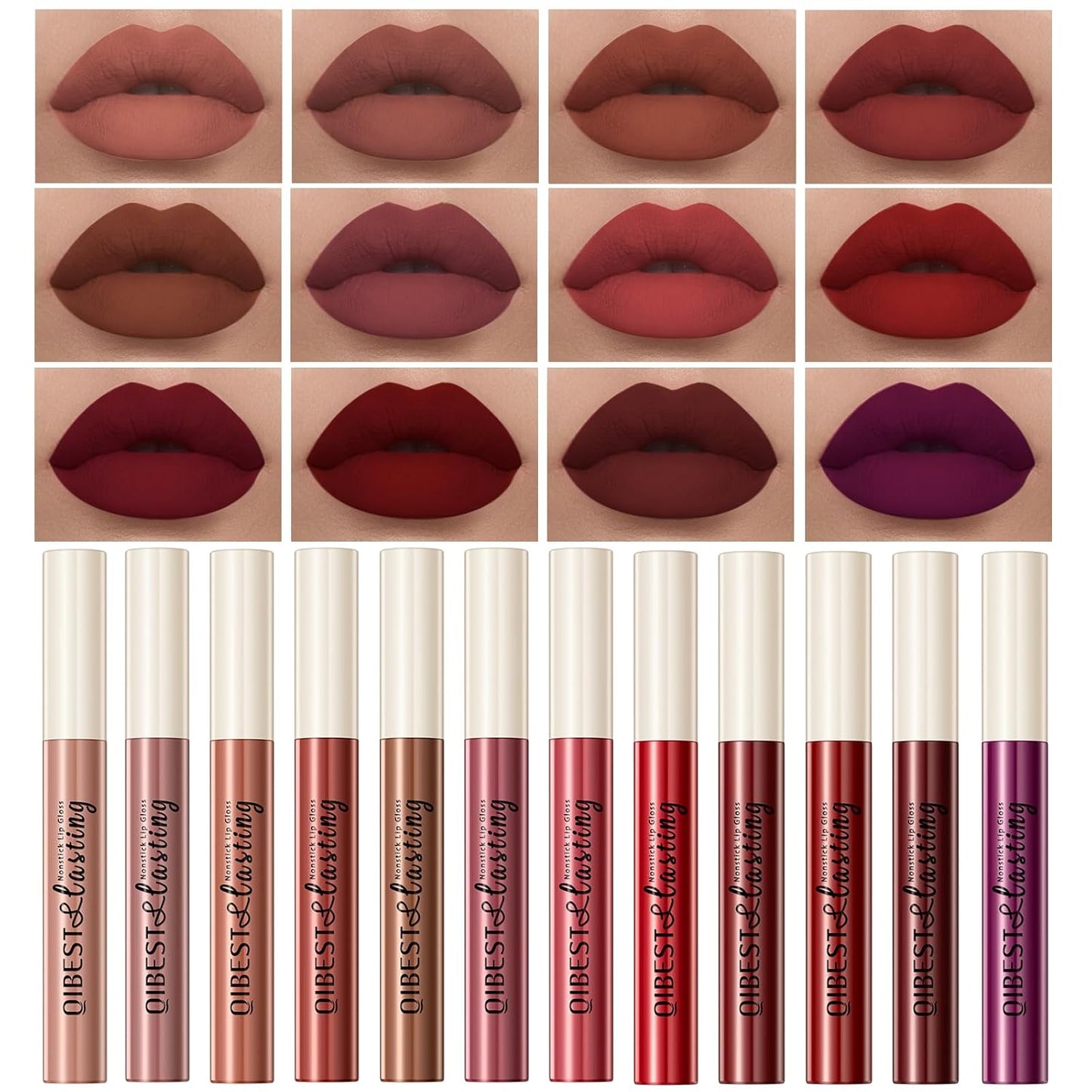 12Pcs Matte Liquid Lipstick Set for Girls & Women, 24 Hours Long Lasting Waterproof Nude & Dark Red Lip Gloss Makeup Kits, Velvet Non-Stick Cup Mate Duracion 24 Horas Originales Lip Stains (Set 03, 1)-GlimoraGlow