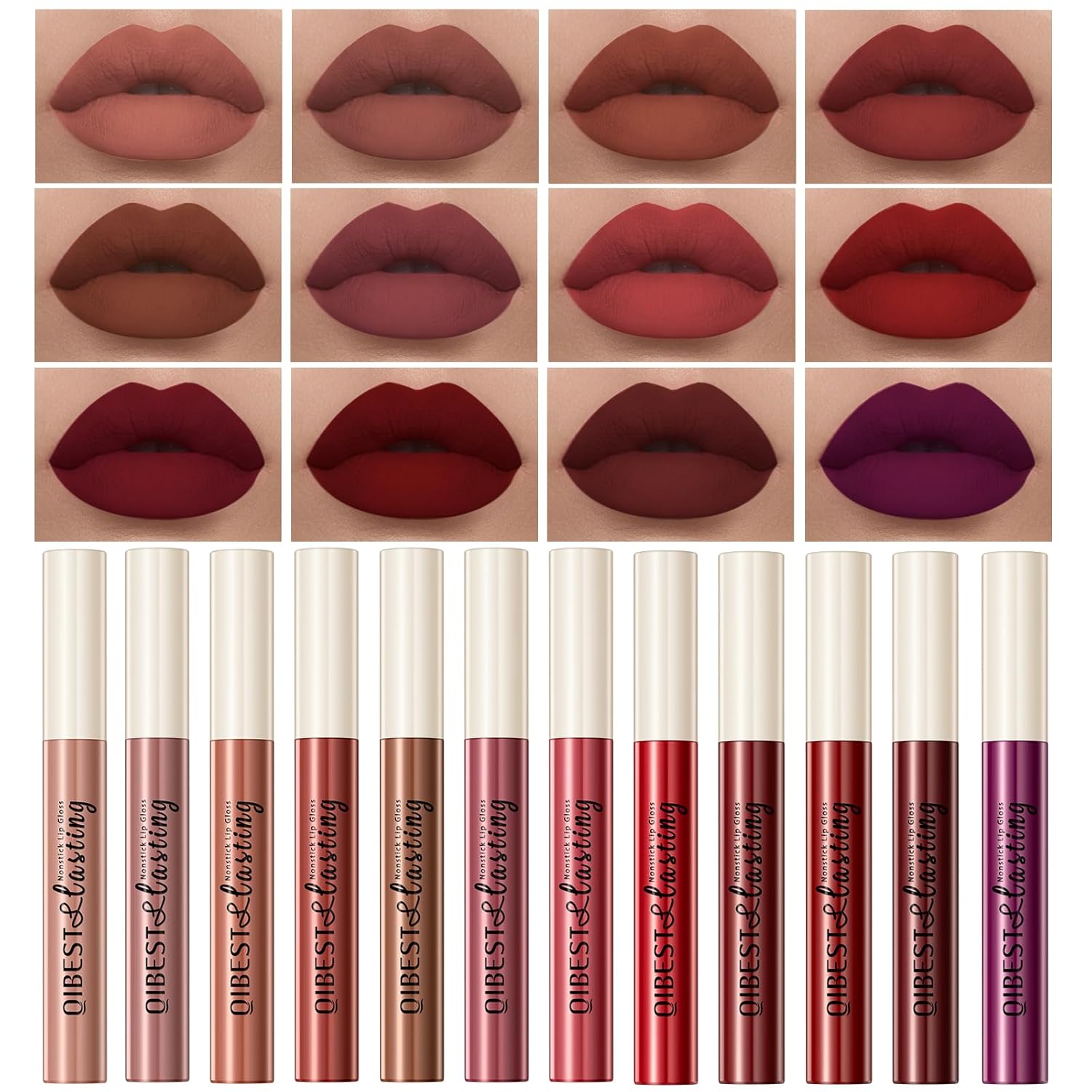12Pcs Matte Liquid Lipstick Set for Girls & Women, 24 Hours Long Lasting Waterproof Nude & Dark Red Lip Gloss Makeup Kits, Velvet Non-Stick Cup Mate Duracion 24 Horas Originales Lip Stains (Set 03, 1)-GlimoraGlow