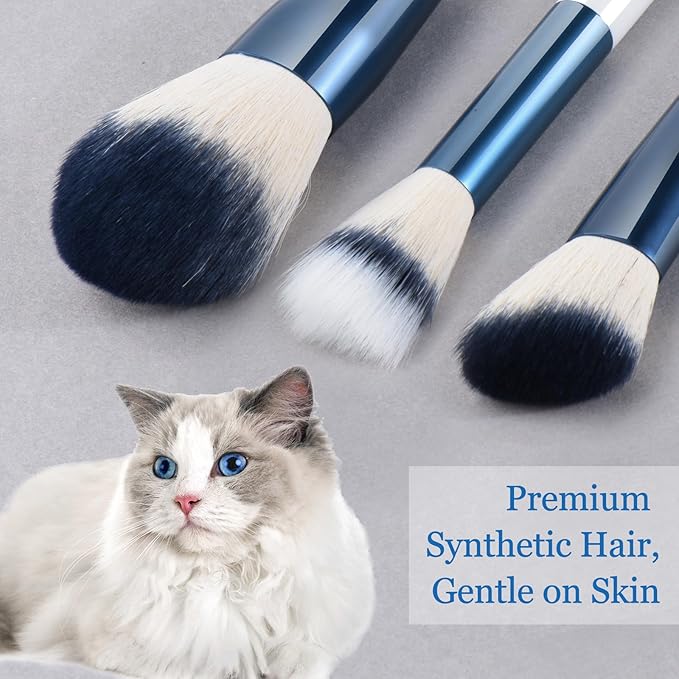 Makeup Brushes Set With Case 10Pcs White Makeup Brush Kit Foundation Eyeshadow Powder Blending Kabuki Eyebrow Eyelash Brushes Cosmetic Brush Travel Kit Gift (White+Blue)-GlimoraGlow