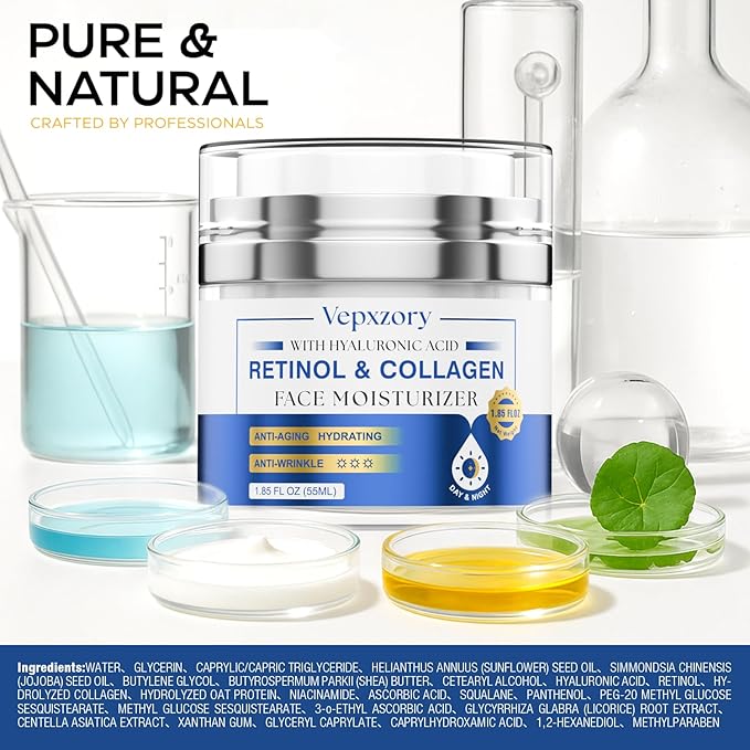 Face Moisturizer Retinol Cream For Face, Collagen Anti Aging Face Cream, Day-Night Neck Cream With Hyaluronic Acid, Wrinkle Cream For Women & Men Reduces Wrinkles, Dryness, 1.85 Fl. Oz-GlimoraGlow