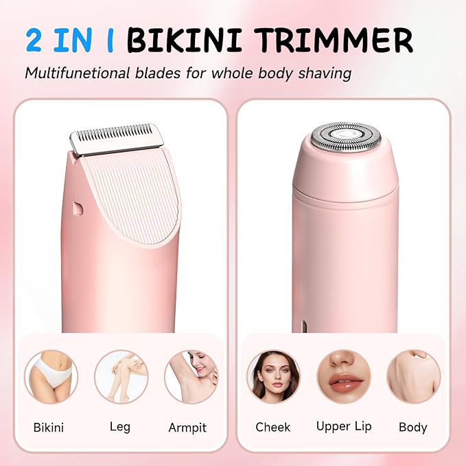 2 in 1 Bikini Trimmer for Women, Smooth and Painless Electric Razors for Women, IPX7 Waterproof Women's Electric Shaver, Rechargeable Bikini Underarm Legs Arm Body Face Trimmer Womens Shaver (Pink)-GlimoraGlow