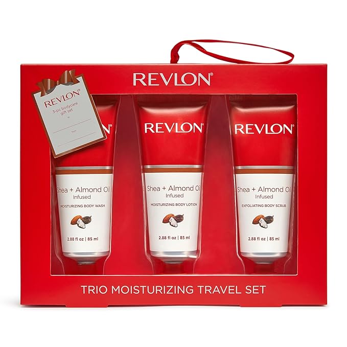 REVLON Get Carried Away Trio Moisturizing Travel Set, Shea Butter and Almond Oil Infused, Moisturizing Body Wash, Body Lotion, Exfoliating Body Scrub, 3 Count (2.88 fl oz)-GlimoraGlow