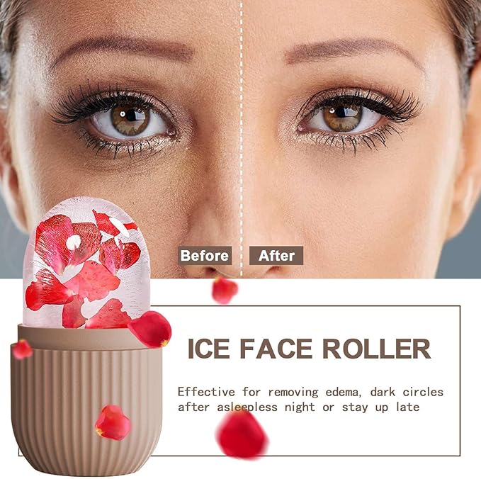 XHJRI Ice Face Roller Massager,Ice Cube Roller for Face, Eyes and Neck Naturally Conditioning and Skin Care,De-Puff Eye Bags,Reduce Migraine Pain,Reusable Massage Silicone Ice Mold (Coffee)-GlimoraGlow