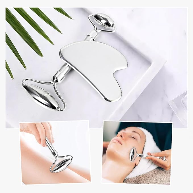 ONLYSKY BEAUTY Face Roller Gua-Sha Set Facial Roller kit for Face Skincare, Stainless-Steel Stone Sculpting Tool, Massager Roller for Skin Care,Gift for Men and Women-GlimoraGlow