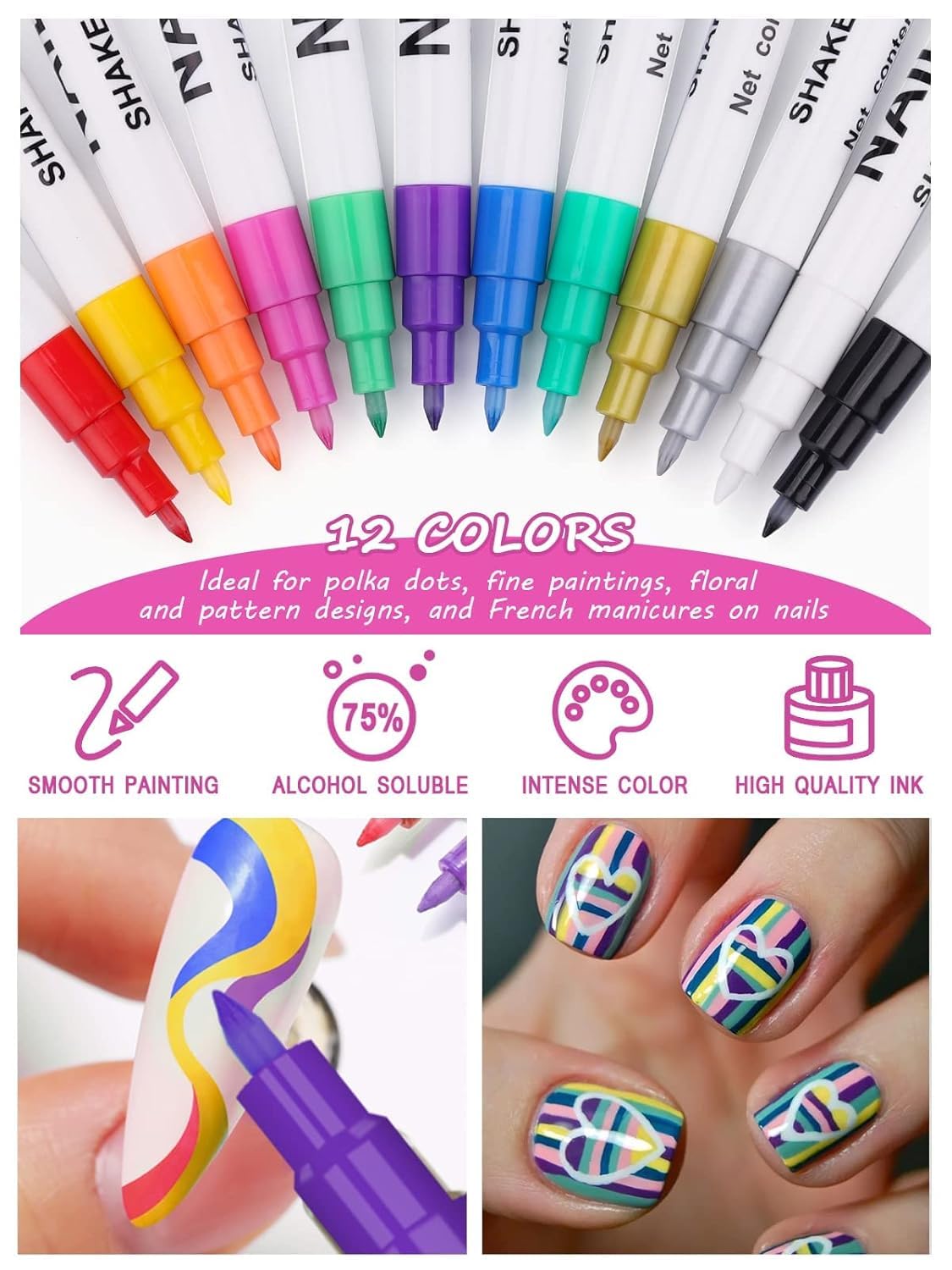 12 Color 3D Nail Art Pens Set, Kalolary Nail Pens Nail Point Graffiti Dotting Pen Drawing Painting Liner Brush for DIY Nail Art Beauty Adorn Manicure Tools-GlimoraGlow