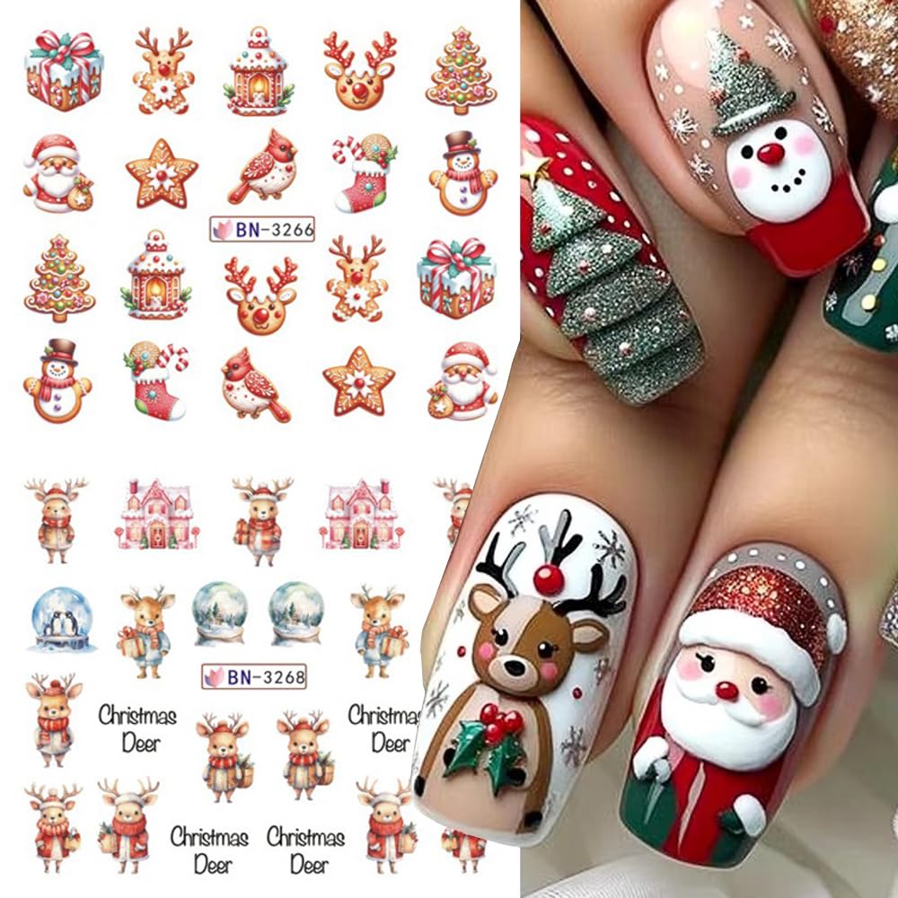 12 Sheets Christmas Nail Art Stickers Winter Snowflake Snowman Water Transfer Nail Decals Xmas Tree Santa Claus Penguin Gingerbread Man Design Acrylic Nail Foils for Women Kids DIY Holiday Nail Decor-GlimoraGlow
