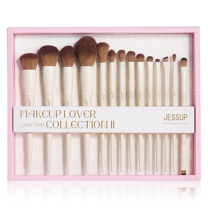 Jessup Makeup Brushes 14Pcs Makeup Brush Set Premium Synthetic Powder Foundation Contour Blush Concealer Eye Shadow Blending Liner Make Up Brush Kit Light Grey with Gift Box, T329-G-GlimoraGlow