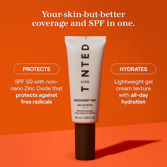 Live Tinted Hueguard Skin Tint SPF 50 - Tinted Mineral Sunscreen with Light-Medium Buildable Coverage With a Hydrating and Radiant Finish - Water and Sweat Resistant, 1.35 fl oz - Shade 08-GlimoraGlow