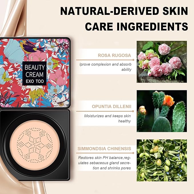 2 Pack Beauty Cream EXO TOO Foundation, Beauty Cream Makeup Base, Moisturizing, Long Lasting Matte Air Cushion CC Cream Concealer with Two Mushroom Head Sponges-GlimoraGlow