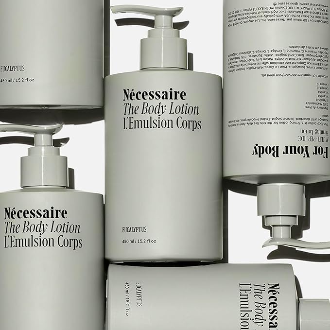 Nécessaire The Body Lotion with Pump. Eucalpytus. Multi-Peptide Firming Lotion to Moisturize, Firm, Strengthen. 2.5% Niacinamide, Vitamin C/E + Omega 6/9. 450ml / 15.2 fl oz-GlimoraGlow