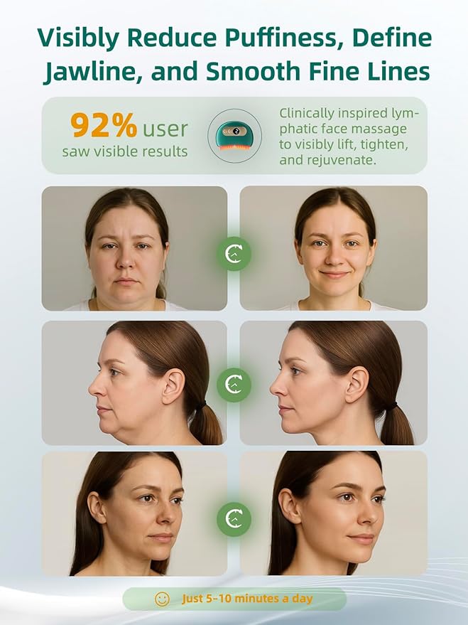 Lymphatic Contour Face Brush – Face Massager for Lymphatic Drainage, Double Chin Reducer, and Facial Sculpting – Gentle Vibrating Lymphatic Drainage Tool for Jawline & Puffiness - Green-GlimoraGlow