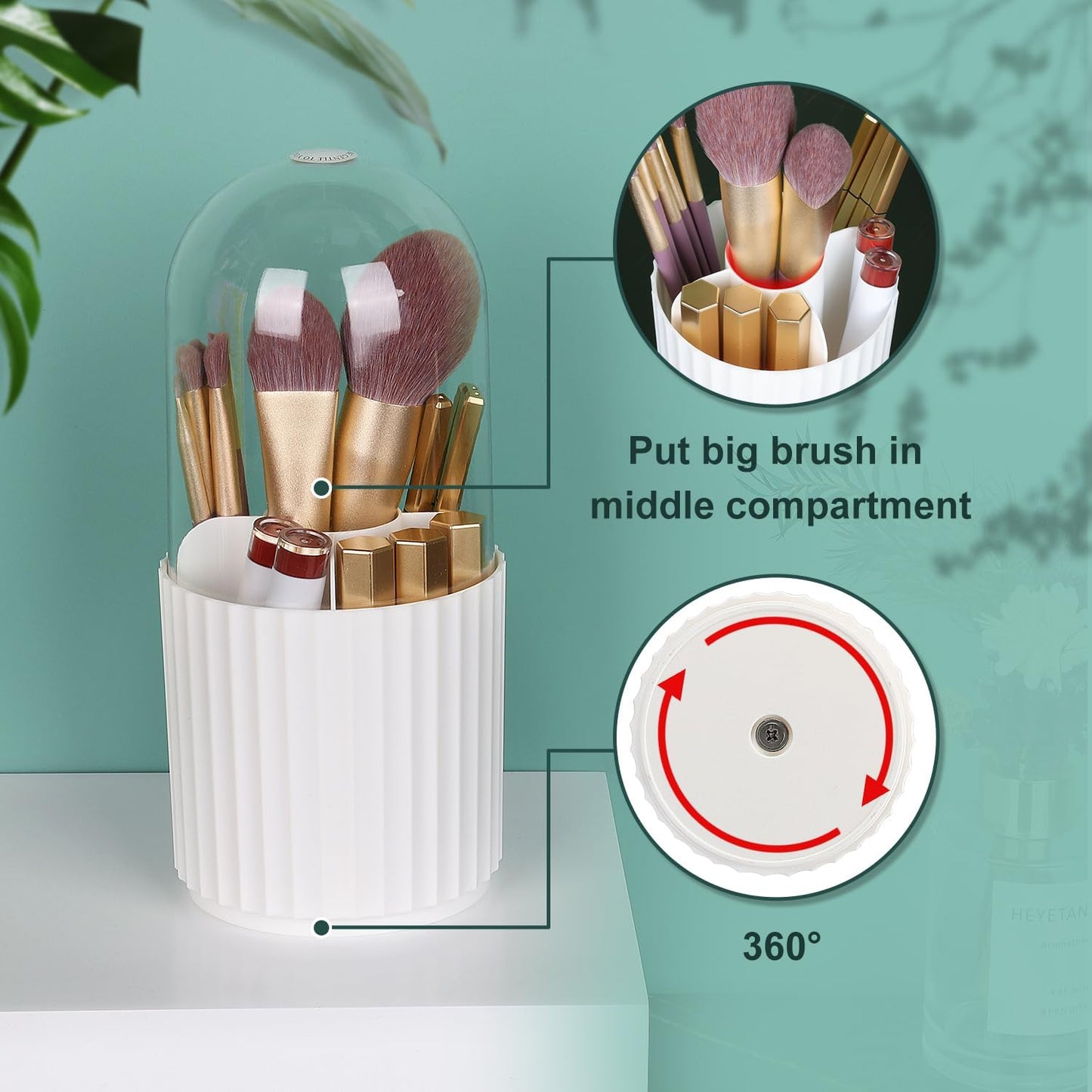JessLab Makeup Brush Holder Organizer with Lid, 360 Degree Rotatable Makeup Brush Organizer Spinning Cosmetics Holders Brush Storage Box Display for Bathroom Vanity Countertop, White-GlimoraGlow