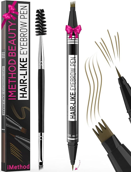iMethod Eyebrow Pen - Eyebrow Pencil Magical 2-in-1 Eye Brow Pencils for Women with 4-Fork-Tip & Precise Brush-Tip for Natural Hair-Like Brows, Last All-Day, with Eyebrow Spoolie Brush, Light Brown-GlimoraGlow