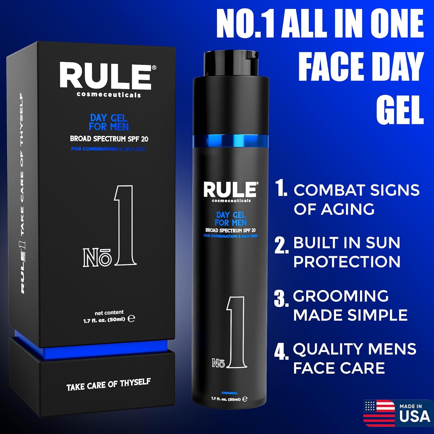 No.1 Day Gel for Men, 10-in-1 Anti-Aging Face Moisturizer to Reduce Wrinkles, SPF 20, Collagen, Vitamins B, C & E - Combination & Oily Skin - Original, 50 mL-GlimoraGlow
