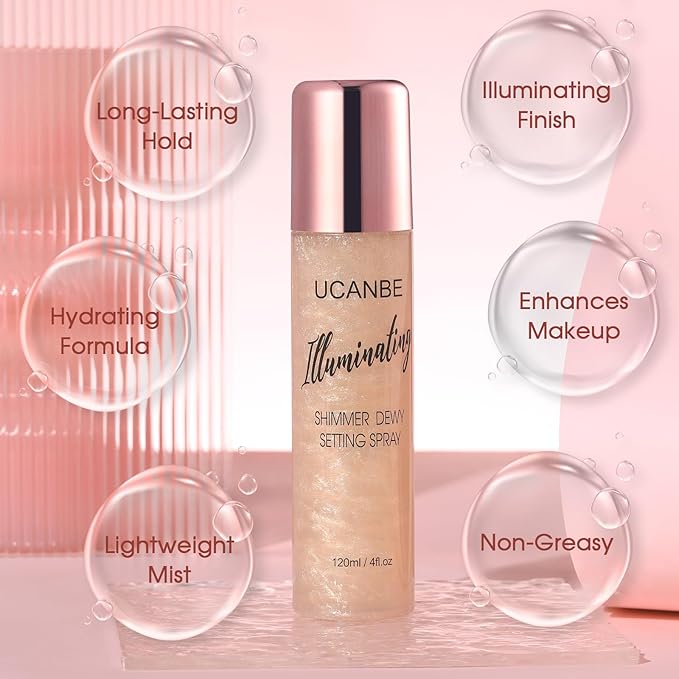 UCANBE Shimmer Dewy Setting Spray – Glowing + Makeup Setting Spray 2 in 1 Lightweight Formula for a Radiant Glow,Long-Lasting Face Mist for Face Body, 4 Fl Oz #Champagne-GlimoraGlow