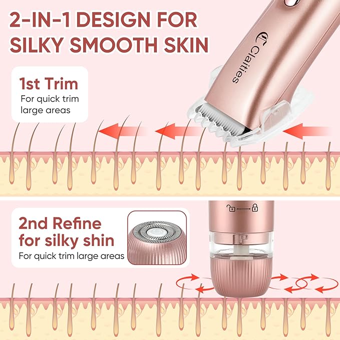 2 in 1 Women Electric Shaver Dual Head Bikini Trimmer for Women IPX7 Waterproof Wet & Dry Use Body Hair Trimmer and Facial Hair Remover for Bikini Underarm Leg Arm Body Face-GlimoraGlow