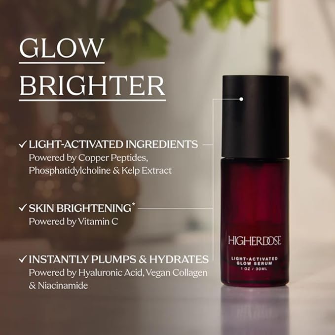 HigherDOSE Light-Activated GLOW SERUM - Anti Aging Face Serum to Plump, Hydrate & Smooth Fine Lines - Made with Vitamin C, Copper Peptides & Hyaluronic Acid - Boosts Benefits of Red Light (1 oz)-GlimoraGlow
