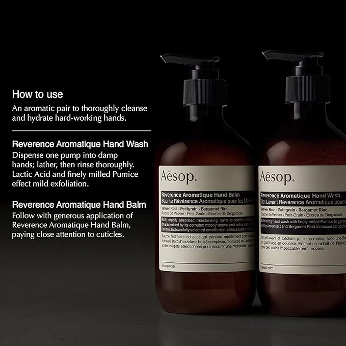 Aesop Reverence Aromatique Duet | Skin Softening Hand Wash & Hand Balm | Woody, Earthy, Smoky | Vetiver Root, Petitgrain, Bergamot Rind | 16.9 oz / 500 mL-GlimoraGlow