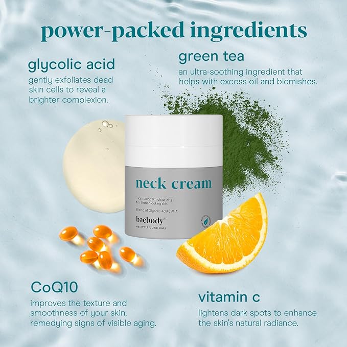 Baebody Firming Neck Cream with AHAs, CoQ10, Glycolic Acid, Green Tea for Sagging Skin, Fine Lines, Wrinkles, 1.7 Fl Oz-GlimoraGlow