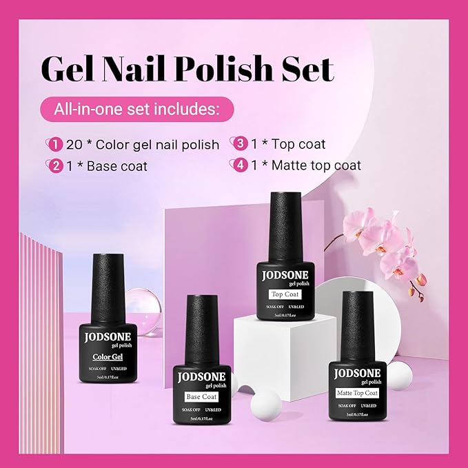 JODSONE 23 PCS Glitter Gel Polish with Soak off Base Coat Matte and Glossy Top Coat Glitter Red Pink Color High Shine and Fashion Gel Nail Polish Kit-GlimoraGlow