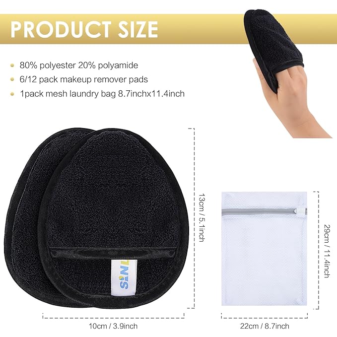 SINLAND Reusable Makeup Remover Pads For Face,Eye,Lips Microfiber Gentle Facial Cleansing Cloths for All Skin Types Friendly for Makeup Remover With Laundry Bag Black Pack of 12-GlimoraGlow