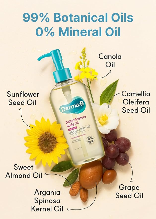 Derma B | Daily Moisture Body Oil | 99% Natural Argan & Sweet Almond Oil | Shower Oil for Dry Sensitive Skin | Light & Long-Lasting Hydration | Skin Body Care Oil with Peach Scent | 6.78 fl oz (200ml)-GlimoraGlow