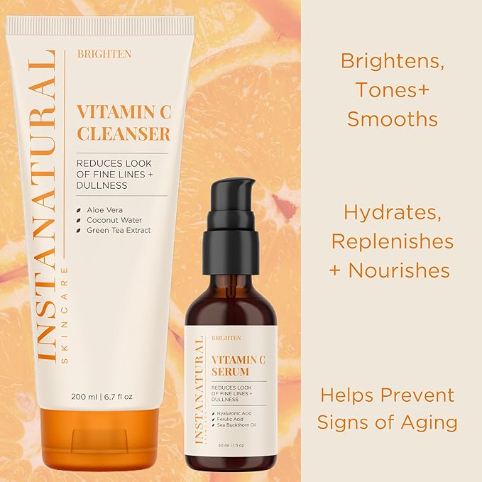 InstaNatural Vitamin C Cleanser and Serum Kit, Brightens and Reduces Signs of Aging, Fine Lines and Wrinkles, with Botanical Extracts-GlimoraGlow