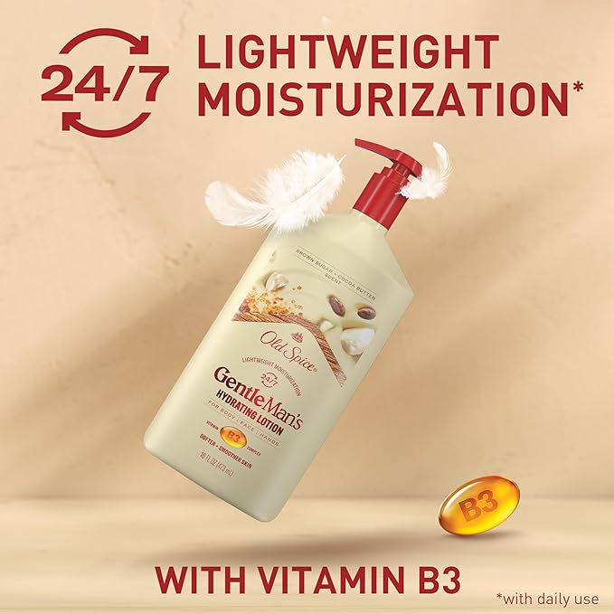 Old Spice Hand, Face & Body Lotion for Men, 24/7 Lightweight Moisturization with Vitamin B3, Instant Absorption, For All Skin Types, Brown Sugar + Cocoa Butter Scent, 16 oz-GlimoraGlow