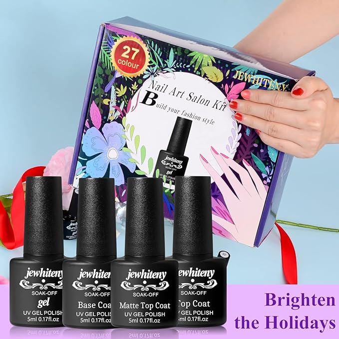 JEWHITENY 30PCS Nail Polish Kit 27 Colors Green Blue Pink Orange Gitter Sock Off Gel Polish with Matte& Glossy Top Base Coat for DIY Nail Art Manucure at Home Salon-GlimoraGlow