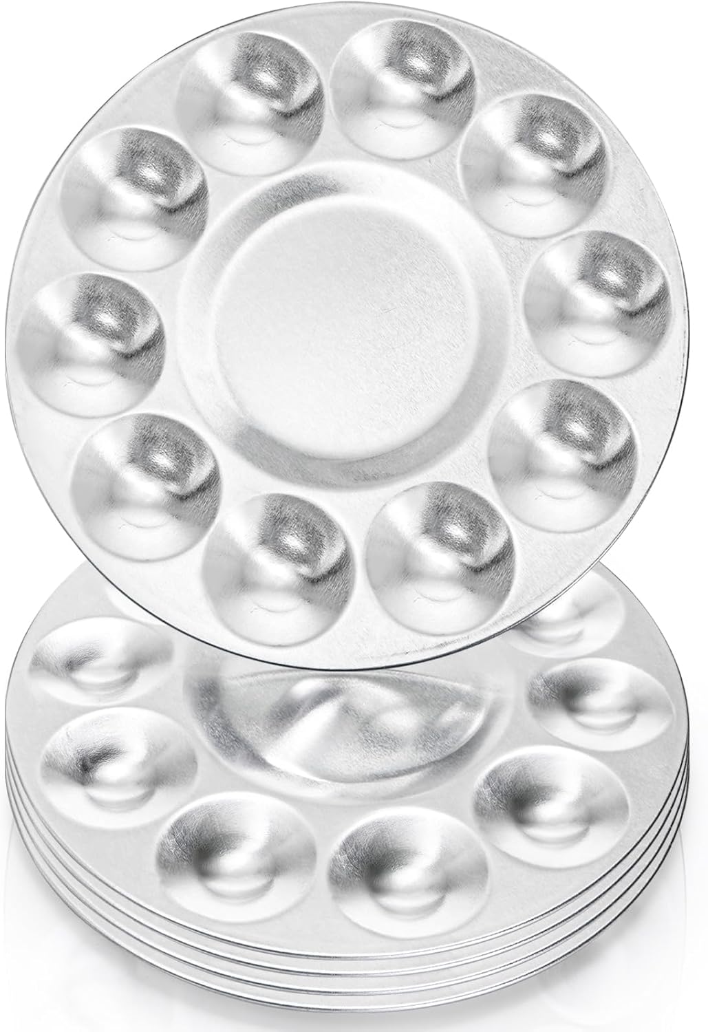 10 Pack Paint Tray Palettes, 6.7" Metal Paint Mixing Pallets, 10-Well Painting Palette, Washable Round Paint Holder Tray for DIY Craft Professional Watercolor Oil Art Painting Project, Silver-GlimoraGlow