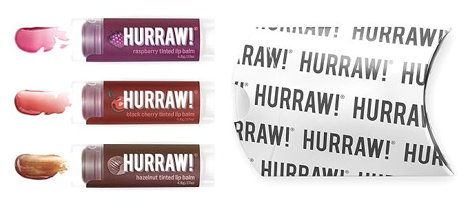 Hurraw! Raspberry Tinted, Black Cherry Tinted, Hazelnut Tinted Lip Balms, 3 Pack Bundle: Organic, Certified Vegan, Cruelty & Gluten Free. Non-GMO, 100% Natural. Bee, Shea, Soy & Palm Free. Made in USA-GlimoraGlow